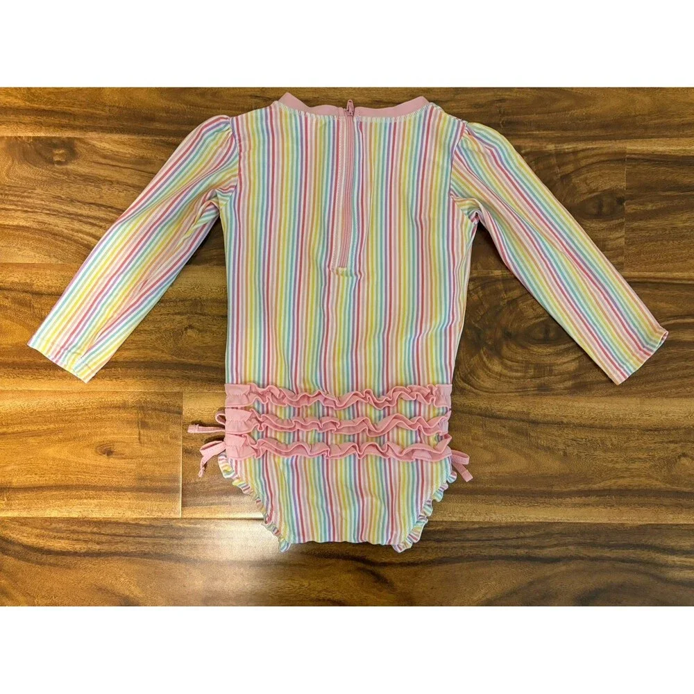 RuffleButts One-Piece Rashguard Swimsuit, Rainbow Stripes, Size 3T